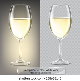 Transparent vector wineglass with white wine. For dark background