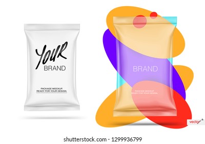 Transparent vertical pillow bag mockup on colorful background. Vector illustration. Can be used for food, hygiene, cosmetic. Taking your 2D designs into 3D. EPS10.