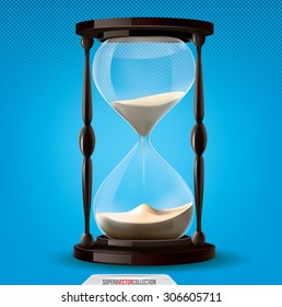 Transparent and very realistic vector sand clock on blue background