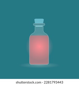 Transparent vial with red potion. Vector illustration. Isolated on blue-green background.