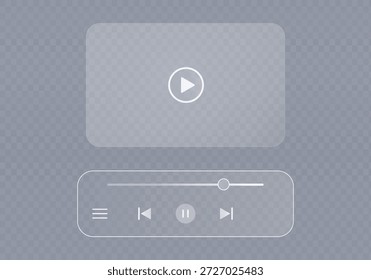 Interfaces vetoriais transparentes de player de vídeo e player de áudio no estilo de morfismo de vidro. Um é um reprodutor de vídeo e o outro é um reprodutor de áudio. Design limpo, moderno e transparente adequado para vários projetos digitais.