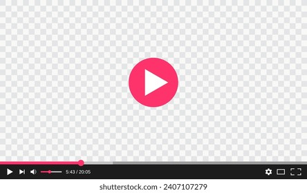 Transparent video player with play and control buttons interface, vector template. Digital web video player window with screen frame on transparent background with menu bar for online stream media