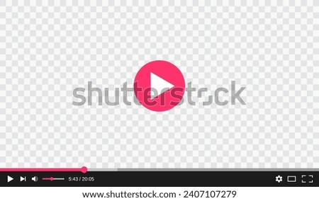 Transparent video player with play and control buttons interface, vector template. Digital web video player window with screen frame on transparent background with menu bar for online stream media