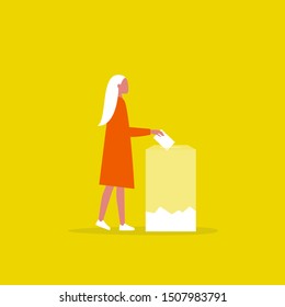 Transparent voting, conceptual illustration. Young female character participating in elections / flat editable vector illustration, clip art