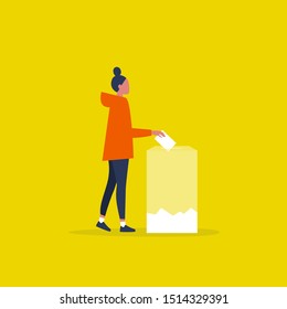 Transparent voting, conceptual illustration. Young female character participating in elections / flat editable vector illustration, clip art