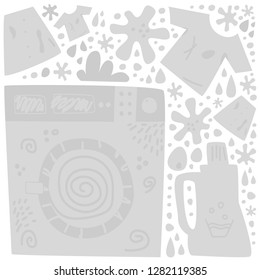 Transparent washing machine on the background of gray things. Laundry room would equipped with an automatic washing machine and clothes dryer. Concept laundry room. Cartoon vector.