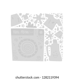 Transparent washing machine on the background of white things. Laundry room would equipped with an automatic washing machine and clothes dryer. Concept laundry room. Cartoon vector.
