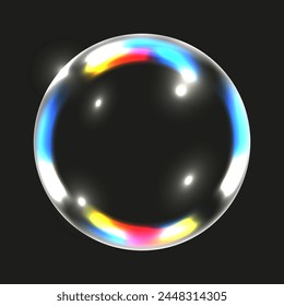 Transparente Wasserblase isoliert schwarz. Realistische Seifenblase mit einem holografischen Gradientenelement. Glaslinse. Vektorillustration kann Webdesign verwenden.