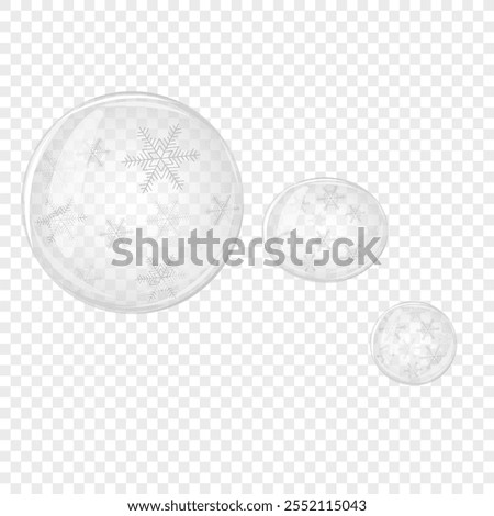 Transparent water bubble with snowflakes. Soap bubble, crystal glass ball. Beauty product, moisture, skincare transparent bubbles top view, scatter splashes.