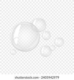 Burbuja de agua transparente. Burbuja de jabón, bola de cristal. Producto de belleza, humedad, cuidado de la piel burbujas transparentes vista superior, salpicaduras de dispersión.
