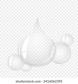 Burbuja de agua transparente. Burbuja de jabón, bola de cristal. Producto de belleza, humedad, cuidado de la piel burbujas transparentes vista superior, salpicaduras de dispersión.
