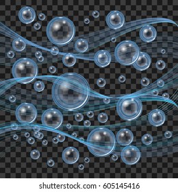 Transparent water bubbles, drops and waves isolated on transparent background. Vector illustration.