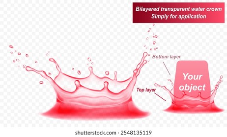 La corona de agua transparente consta de dos capas: frontal y posterior. Salpicadura de agua en colores rojos, aislados sobre fondo transparente. Transparencia solo en el archivo de Vector