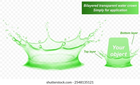 La corona de agua transparente consta de dos capas: frontal y posterior. Salpicadura de agua en colores verdes, aislado sobre fondo transparente. Transparencia solo en el archivo de Vector