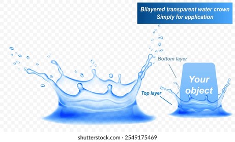 La corona de agua transparente consta de dos capas: frontal y posterior. Salpicadura de agua en colores azul claro, aislado sobre fondo transparente. Transparencia solo en el archivo de Vector