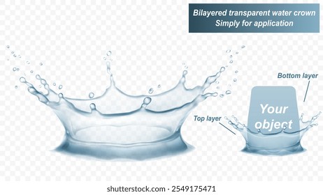 La corona de agua transparente consta de dos capas: frontal y posterior. Salpicadura de agua en colores grises, aislado sobre fondo transparente. Transparencia solo en el archivo de Vector