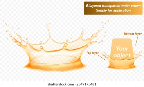 La corona de agua transparente consta de dos capas: frontal y posterior. Salpicadura de agua en colores amarillos, aislados sobre fondo transparente. Transparencia solo en el archivo de Vector