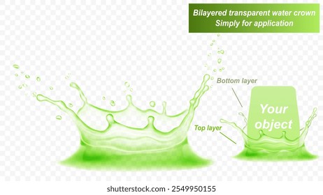 La corona de agua transparente consta de dos capas: frontal y posterior. Salpicadura de agua en colores verdes, aislado sobre fondo transparente. Transparencia solo en el archivo de Vector