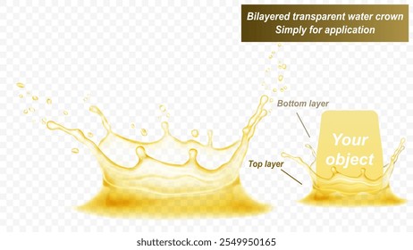 La corona de agua transparente consta de dos capas: frontal y posterior. Salpicadura de agua en colores amarillos, aislados sobre fondo transparente. Transparencia solo en el archivo de Vector