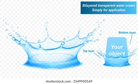 Transparente Wasserkrone besteht aus zwei Schichten: vorne und hinten. Spritzer Wasser in hellblauen Farben, einzeln auf transparentem Hintergrund. Transparenz nur in Vektordatei