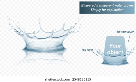Transparent water crown with reflection, consist of two layers: front and back. Splash of water in gray colors, isolated on transparent background. Transparency only in vector file