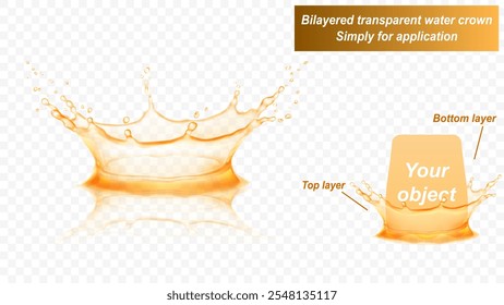 Corona de agua transparente con reflexión, consta de dos capas: frontal y posterior. Salpicadura de agua en colores amarillos, aislados sobre fondo transparente. Transparencia solo en el archivo de Vector