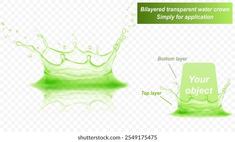 Corona de agua transparente con reflexión, consta de dos capas: frontal y posterior. Salpicadura de agua en colores verdes, aislado sobre fondo transparente. Transparencia solo en el archivo de Vector