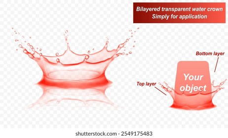 Corona de agua transparente con reflexión, consta de dos capas: frontal y posterior. Salpicadura de agua en colores rojos, aislados sobre fondo transparente. Transparencia solo en el archivo de Vector