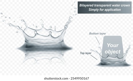 Corona de agua transparente con reflexión, consta de dos capas: frontal y posterior. Salpicadura de agua en colores grises, aislado sobre fondo transparente. Transparencia solo en el archivo de Vector