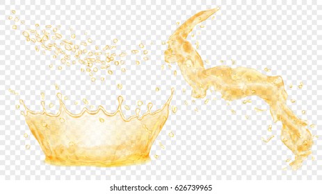 Transparent water crown, splash and set of drops in yellow colors. Transparency only in vector file