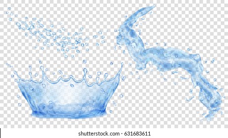 Transparent water crown, splash and set of drops in blue colors. Transparency only in vector file