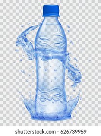 Transparent water crown and splashes in blue colors around a plastic bottle. Transparency only in vector file