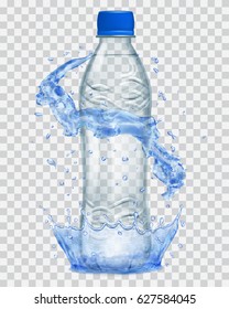 Transparent water crown and splashes in blue colors around a gray plastic bottle. Transparency only in vector file