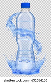 Transparent water crown and splashes in blue colors around a plastic bottle with cap. Transparency only in vector file