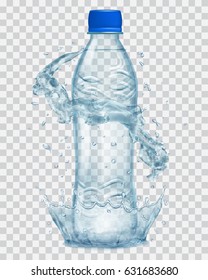 Transparent water crown and splashes in gray colors around a plastic bottle. Transparency only in vector file