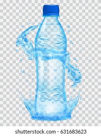 Transparent water crown and splashes in light blue colors around a plastic bottle. Transparency only in vector file