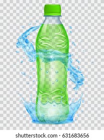 Transparent water crown and splashes in light blue colors around a plastic bottle, filled with green juice. Transparency only in vector file