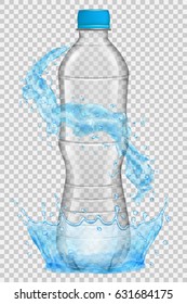 Transparent water crown and splashes in light blue colors around a plastic bottle with cap. Transparency only in vector file