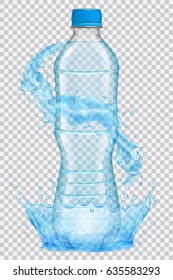 Transparent water crown and splashes in light blue colors around a plastic bottle with cap. Transparency only in vector file