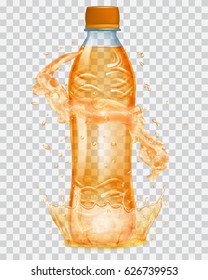 Transparent water crown and splashes in orange colors around a plastic bottle, filled with juice. Transparency only in vector file