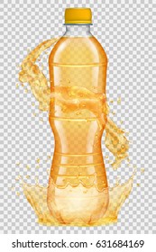 Transparent water crown and splashes in orange colors around a plastic bottle with cap, filled with juice. Transparency only in vector file