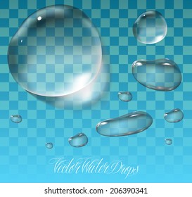 Transparent water drop on blue background, vector 