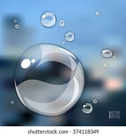 Transparent water drop on defocused background with place for text, 10 EPS