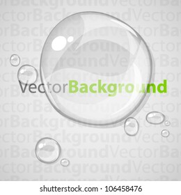 Transparent water drop on light gray background with text pattern under the water drop, 10 EPS