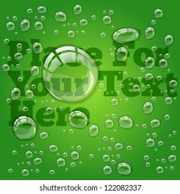 Transparent water drop on light gray background with text pattern under the water drop, 10 EPS