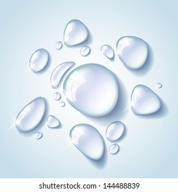 Transparent water drop on light blue background, vector illustration