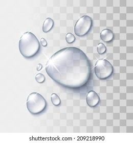 Transparent water drop on light gray background, vector illustration