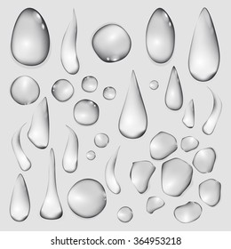 Transparent water drop on light gray background, vector illustration art