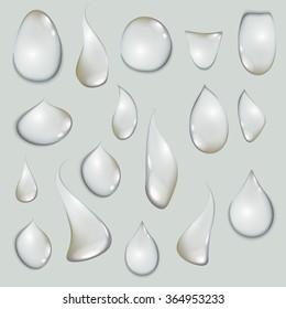 Transparent water drop on light gray background, vector illustration art