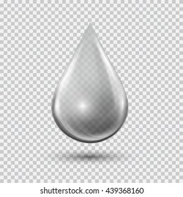 Transparent water drop on light gray background. Water bubble with glares and highlights. Metal chrome droplet. Abstract vector illustration EPS 10 for your design and business